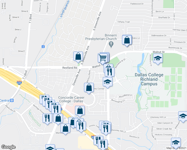 map of restaurants, bars, coffee shops, grocery stores, and more near 9827 Smokefeather Lane in Dallas