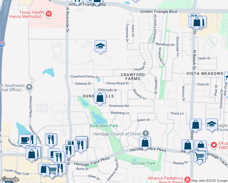 map of restaurants, bars, coffee shops, grocery stores, and more near 10017 Sedgewick Road in Fort Worth