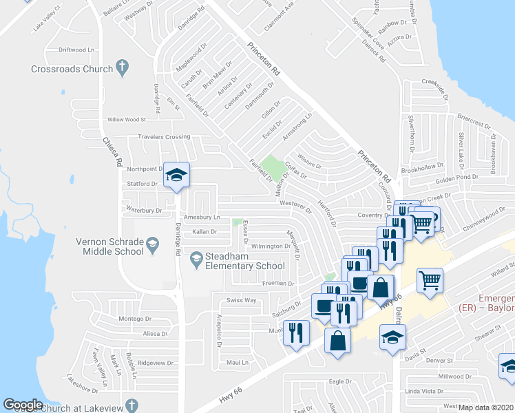 map of restaurants, bars, coffee shops, grocery stores, and more near 7810 Westover Drive in Rowlett