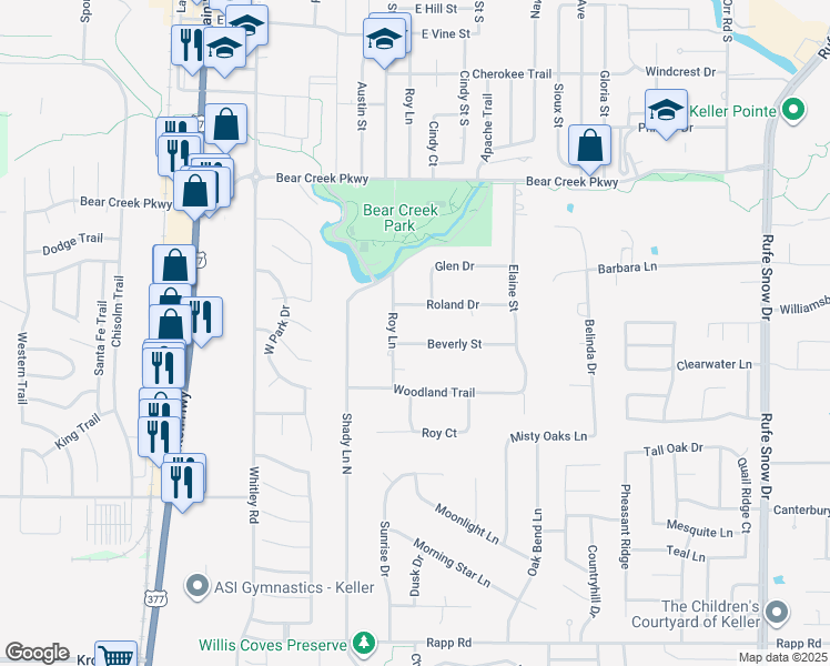 map of restaurants, bars, coffee shops, grocery stores, and more near 409 Beverly Street in Keller