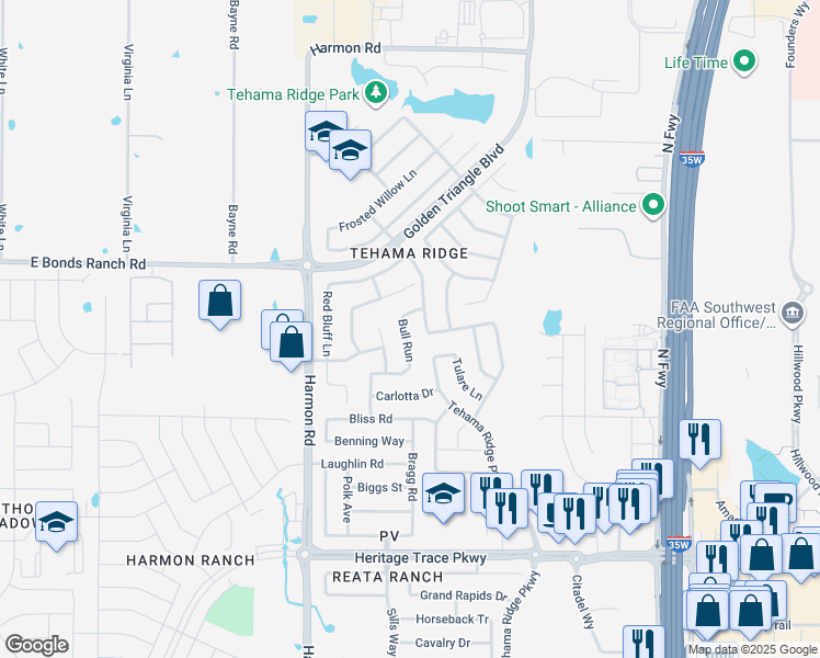 map of restaurants, bars, coffee shops, grocery stores, and more near 10124 Bull Run in Fort Worth