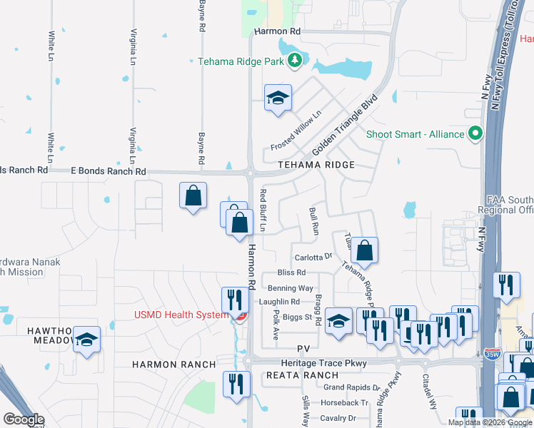 map of restaurants, bars, coffee shops, grocery stores, and more near 10120 Red Bluff Lane in Fort Worth