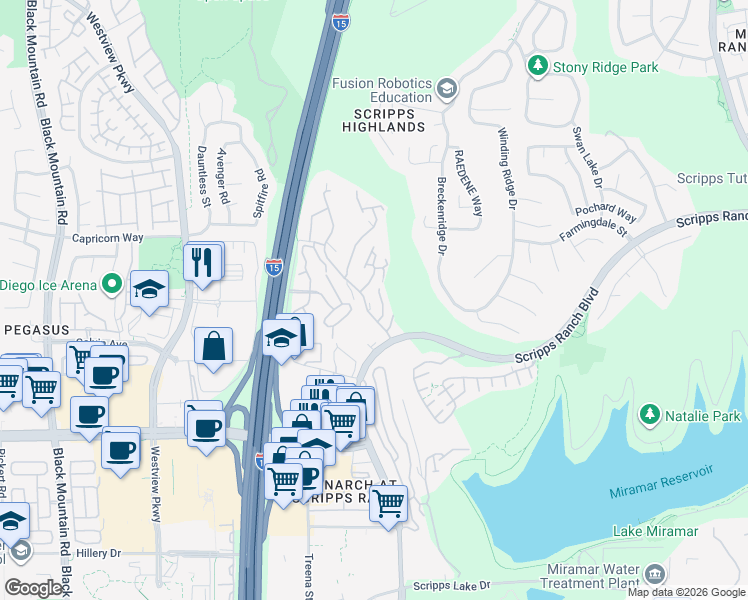 map of restaurants, bars, coffee shops, grocery stores, and more near 11145 Affinity Court in San Diego