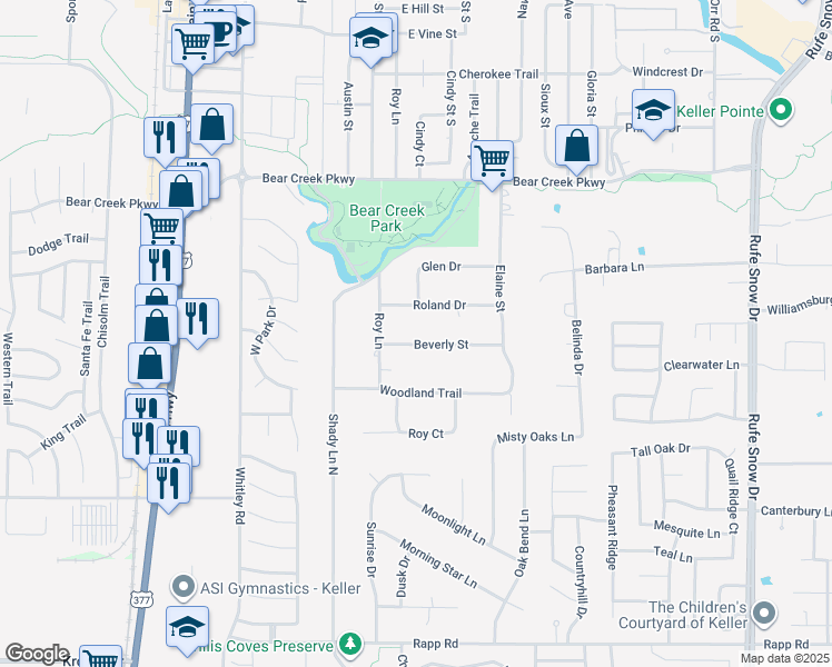 map of restaurants, bars, coffee shops, grocery stores, and more near 409 Beverly Street in Keller