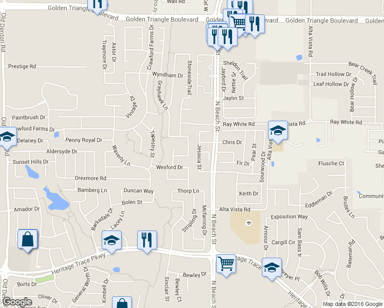 map of restaurants, bars, coffee shops, grocery stores, and more near 10200 Renwick Cove in Fort Worth