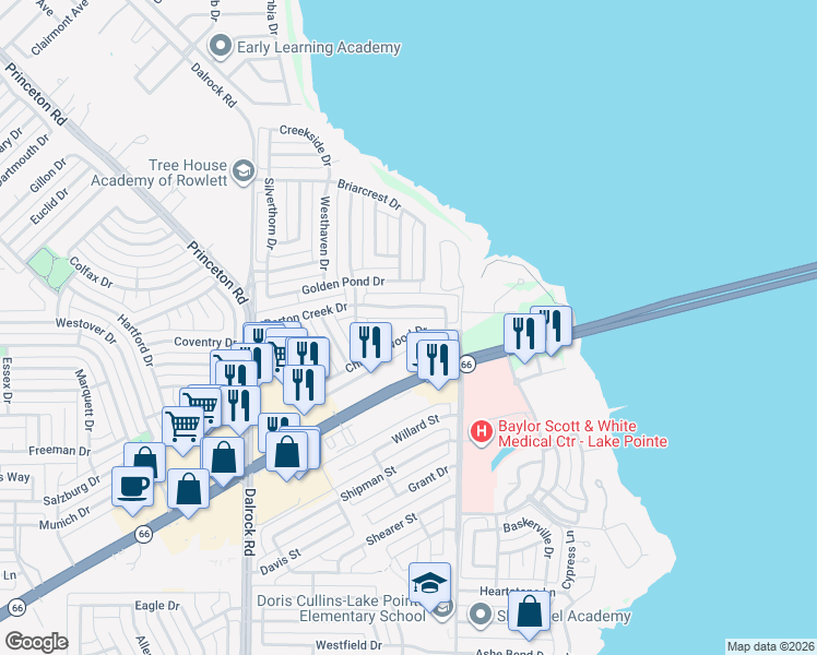 map of restaurants, bars, coffee shops, grocery stores, and more near 9213 Chimneywood Drive in Rowlett