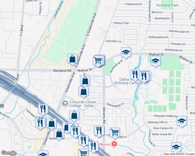 map of restaurants, bars, coffee shops, grocery stores, and more near 9220 Firelog Lane in Dallas