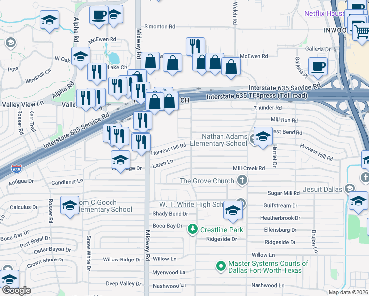 map of restaurants, bars, coffee shops, grocery stores, and more near 4326 Harvest Hill Road in Dallas