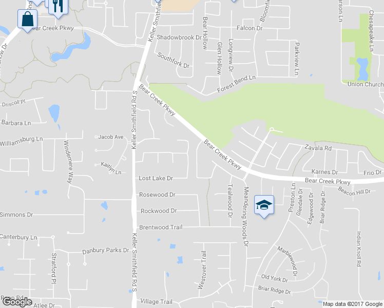 map of restaurants, bars, coffee shops, grocery stores, and more near 609 Deerwood Lane in Keller