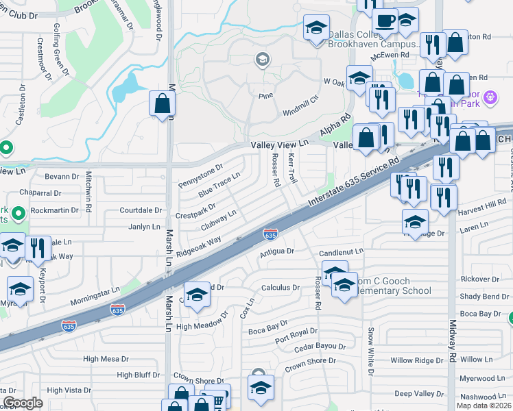 map of restaurants, bars, coffee shops, grocery stores, and more near 3922 Clubway Lane in Dallas