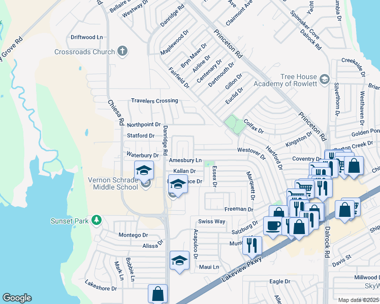 map of restaurants, bars, coffee shops, grocery stores, and more near 7009 Bickers Drive in Rowlett