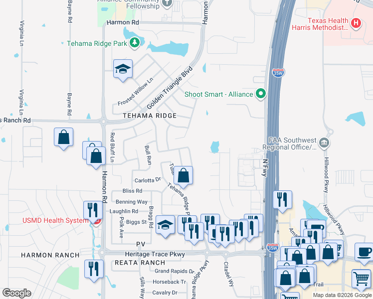 map of restaurants, bars, coffee shops, grocery stores, and more near 10033 Butte Meadows Drive in Fort Worth