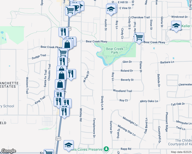 map of restaurants, bars, coffee shops, grocery stores, and more near 223 San Jacinto Court in Keller