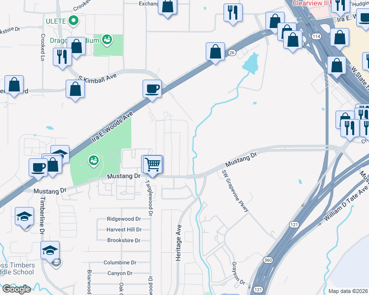 map of restaurants, bars, coffee shops, grocery stores, and more near 129 Overland in Grapevine