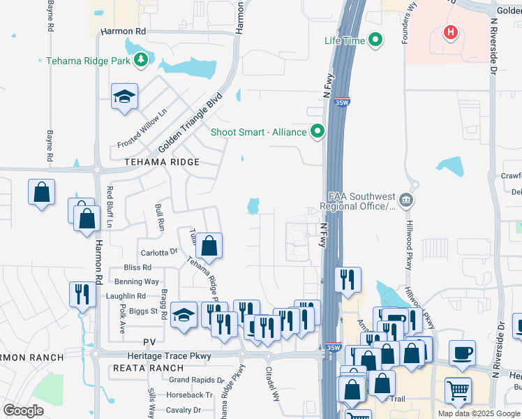 map of restaurants, bars, coffee shops, grocery stores, and more near 2625 Calistoga Drive in Fort Worth