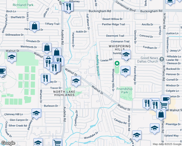 map of restaurants, bars, coffee shops, grocery stores, and more near 9821 Walnut Street in Dallas