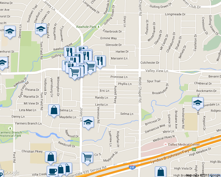 map of restaurants, bars, coffee shops, grocery stores, and more near 2973 Eric Lane in Farmers Branch