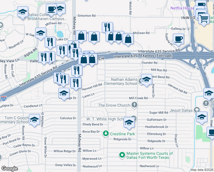 map of restaurants, bars, coffee shops, grocery stores, and more near 4408 Harvest Hill Road in Dallas