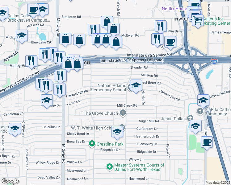 map of restaurants, bars, coffee shops, grocery stores, and more near 4526 Harvest Hill Road in Dallas