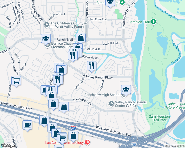 map of restaurants, bars, coffee shops, grocery stores, and more near 8504 Wellington Point Drive in Irving