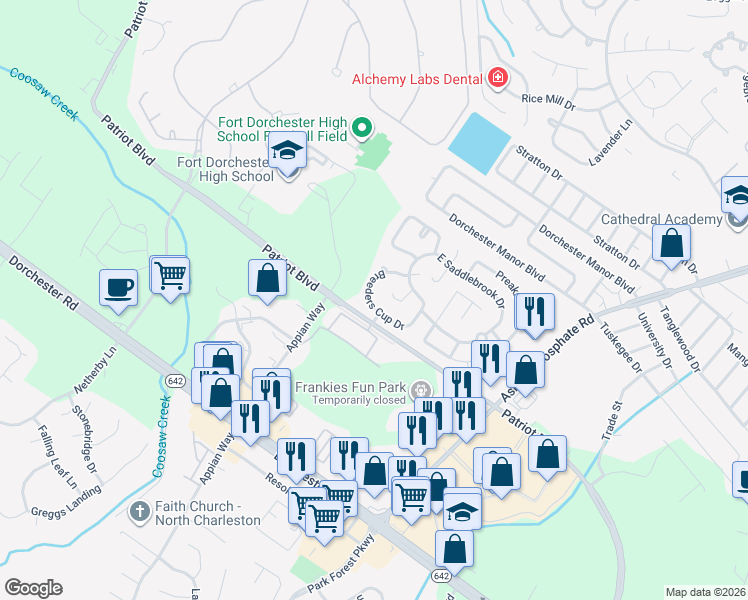 map of restaurants, bars, coffee shops, grocery stores, and more near 4831 Breeders Cup Drive in North Charleston