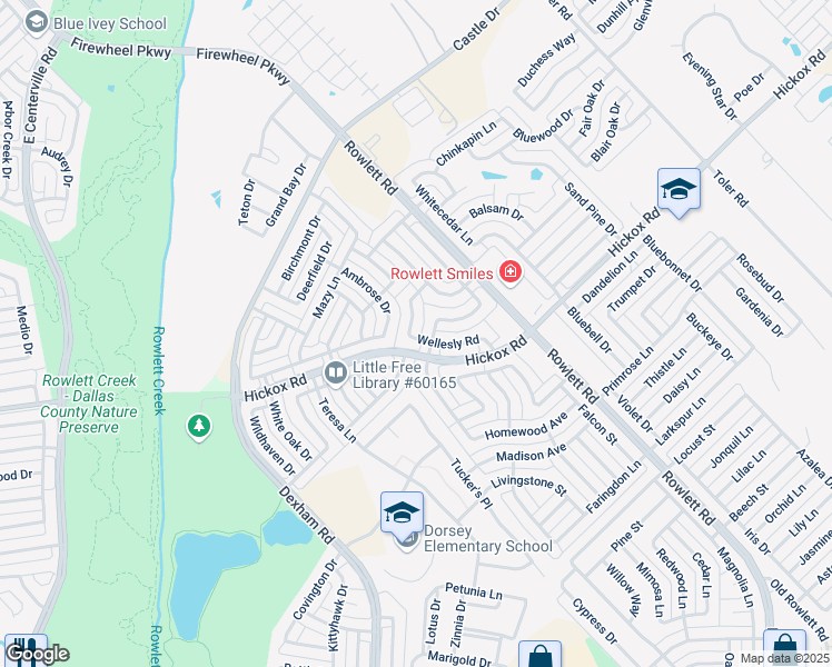 map of restaurants, bars, coffee shops, grocery stores, and more near 7302 Cedarbrook Road in Rowlett