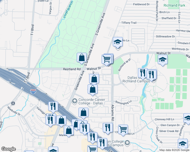 map of restaurants, bars, coffee shops, grocery stores, and more near 9827 Smokefeather Lane in Dallas