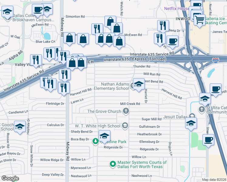 map of restaurants, bars, coffee shops, grocery stores, and more near 4526 Harvest Hill Road in Dallas