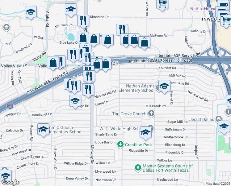 map of restaurants, bars, coffee shops, grocery stores, and more near 4326 Harvest Hill Road in Dallas