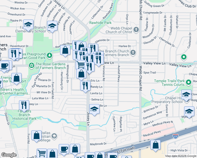 map of restaurants, bars, coffee shops, grocery stores, and more near 2923 Eric Lane in Farmers Branch