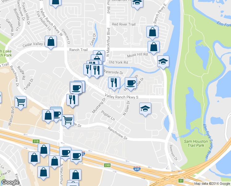 map of restaurants, bars, coffee shops, grocery stores, and more near 8504 Wellington Point Drive in Irving