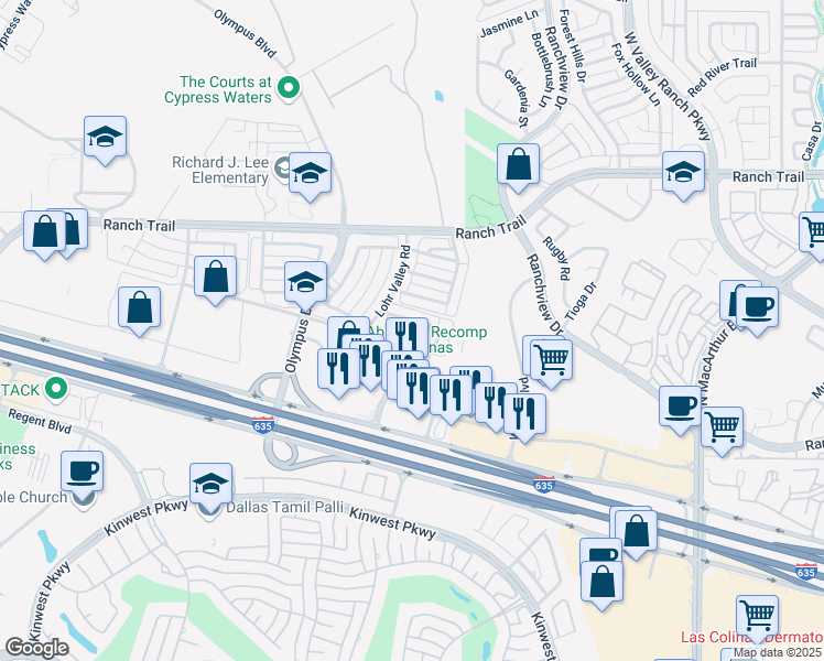 map of restaurants, bars, coffee shops, grocery stores, and more near 8611 Augustine Road in Irving