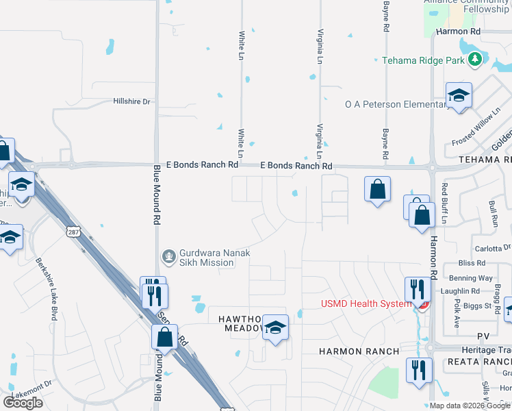 map of restaurants, bars, coffee shops, grocery stores, and more near 1116 Bowlus Drive in Fort Worth