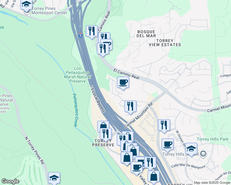 map of restaurants, bars, coffee shops, grocery stores, and more near 3584 Torrey View Court in San Diego