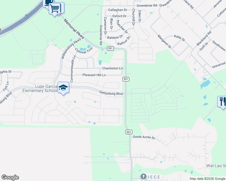map of restaurants, bars, coffee shops, grocery stores, and more near 121 Griffin Avenue in Royse City