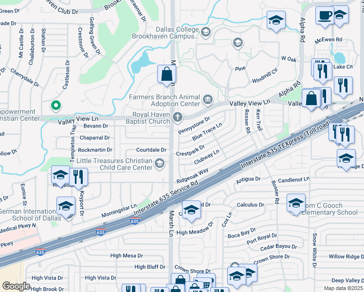 map of restaurants, bars, coffee shops, grocery stores, and more near 3706 Blue Trace Ln in Dallas