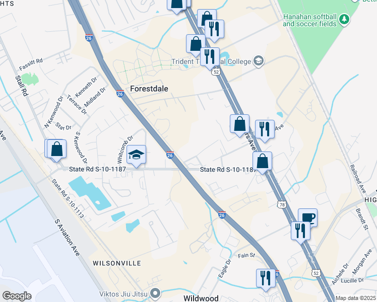 map of restaurants, bars, coffee shops, grocery stores, and more near in North Charleston