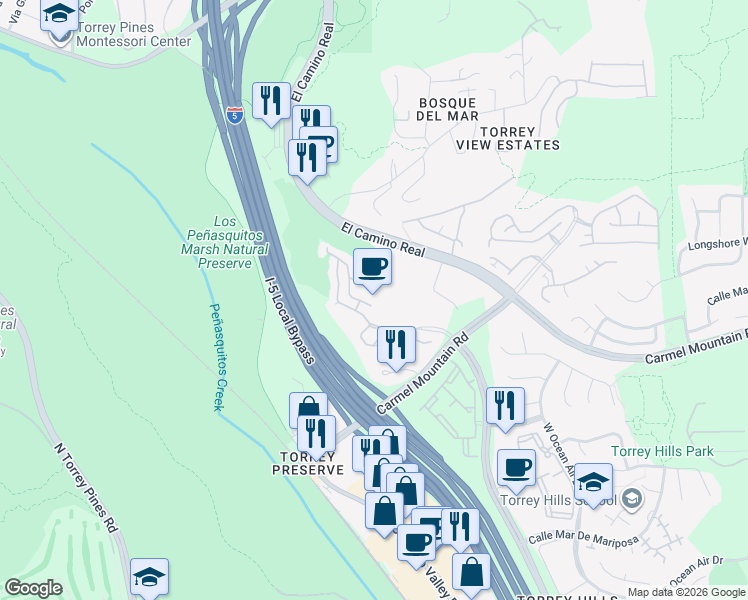 map of restaurants, bars, coffee shops, grocery stores, and more near 3562 Torrey View Court in San Diego