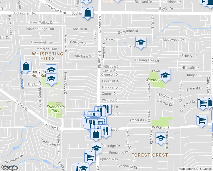 map of restaurants, bars, coffee shops, grocery stores, and more near 4413 Hanover Drive in Garland