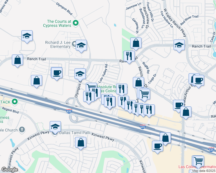 map of restaurants, bars, coffee shops, grocery stores, and more near 8611 Augustine Road in Irving