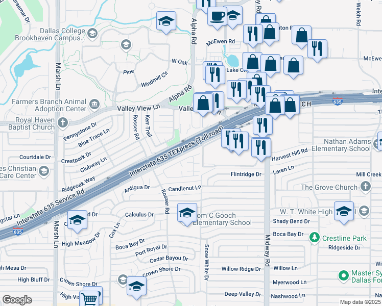 map of restaurants, bars, coffee shops, grocery stores, and more near 4123 Rosser Square in Dallas