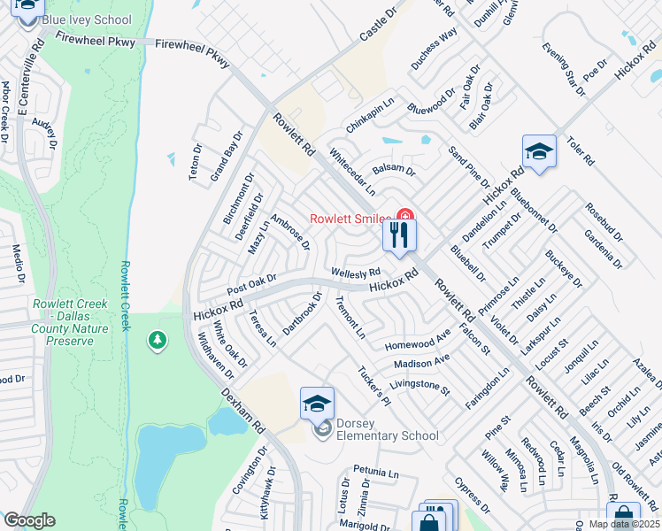 map of restaurants, bars, coffee shops, grocery stores, and more near 7302 Cedarbrook Road in Rowlett