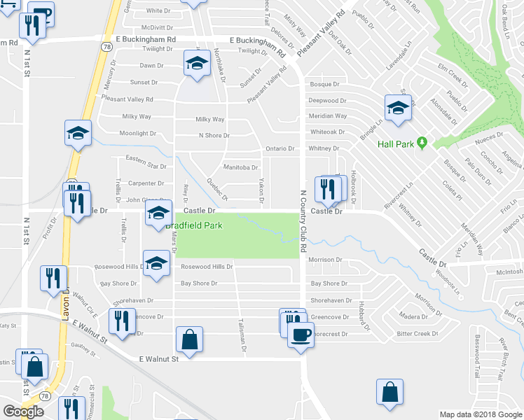 map of restaurants, bars, coffee shops, grocery stores, and more near 1241 Castle Drive in Garland
