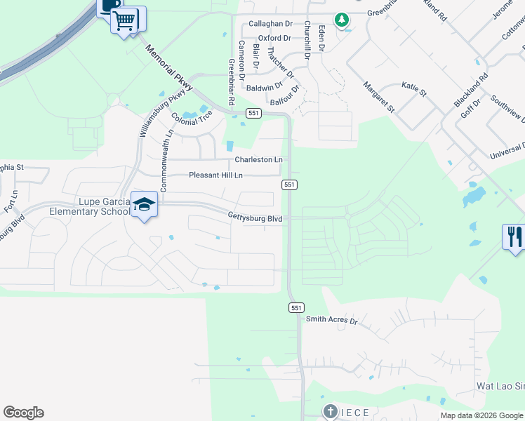 map of restaurants, bars, coffee shops, grocery stores, and more near 121 Griffin Avenue in Royse City
