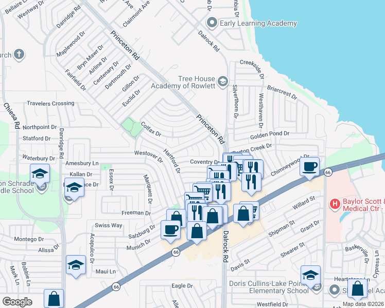 map of restaurants, bars, coffee shops, grocery stores, and more near 8310 Camden Court in Rowlett