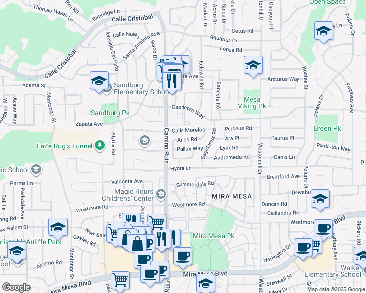 map of restaurants, bars, coffee shops, grocery stores, and more near 8420 Pallux Way in San Diego