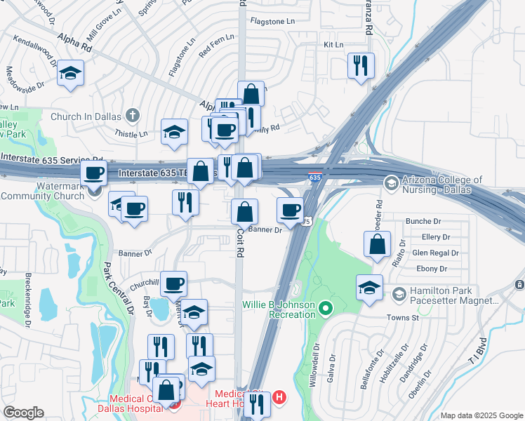 map of restaurants, bars, coffee shops, grocery stores, and more near 8102 Lyndon B Johnson Freeway in Dallas