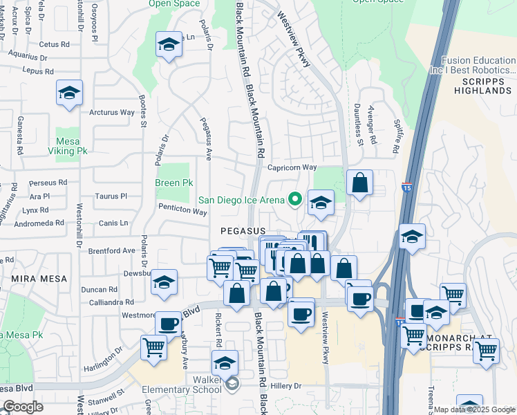 map of restaurants, bars, coffee shops, grocery stores, and more near 9434 Galvin Avenue in San Diego