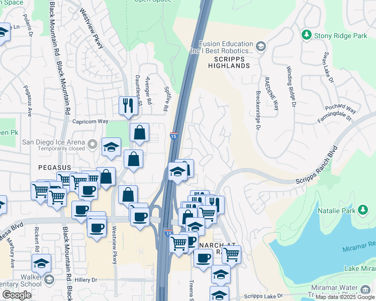 map of restaurants, bars, coffee shops, grocery stores, and more near 207 Scipps Westview Way in San Diego
