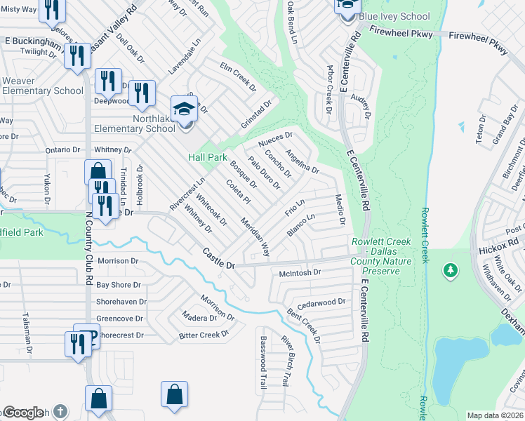 map of restaurants, bars, coffee shops, grocery stores, and more near 1933 Coleta Place in Garland